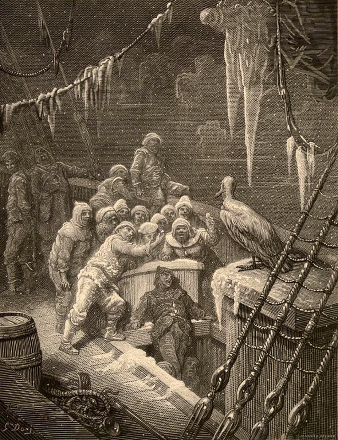 Gustave Doré engraving: sailors on an ice-bound ship greet the albatross perched on the rail beside them
