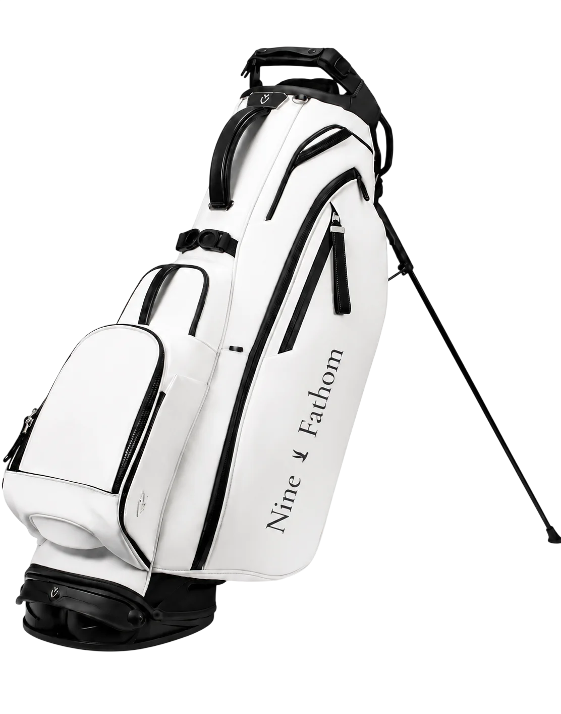 The Stand Bag — white stand bag with Nine Fathom up the side