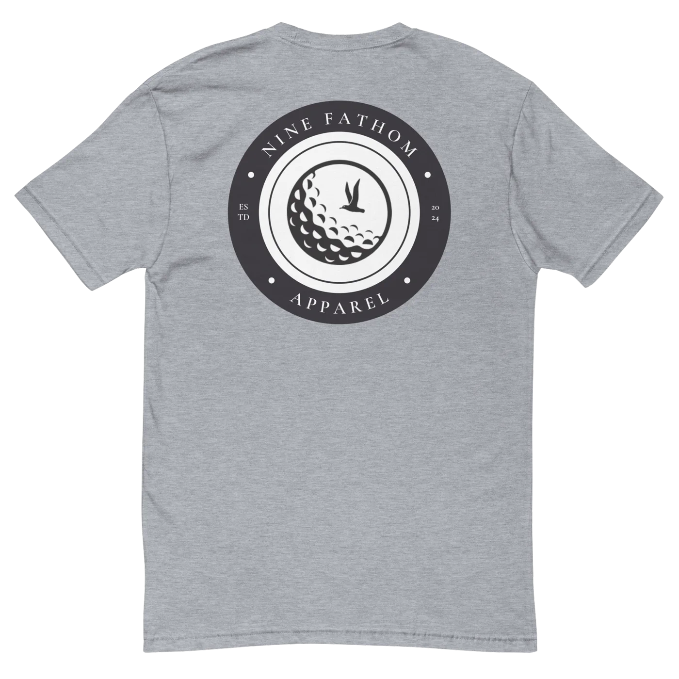 The Crest Tee in heather grey — round crest across the back