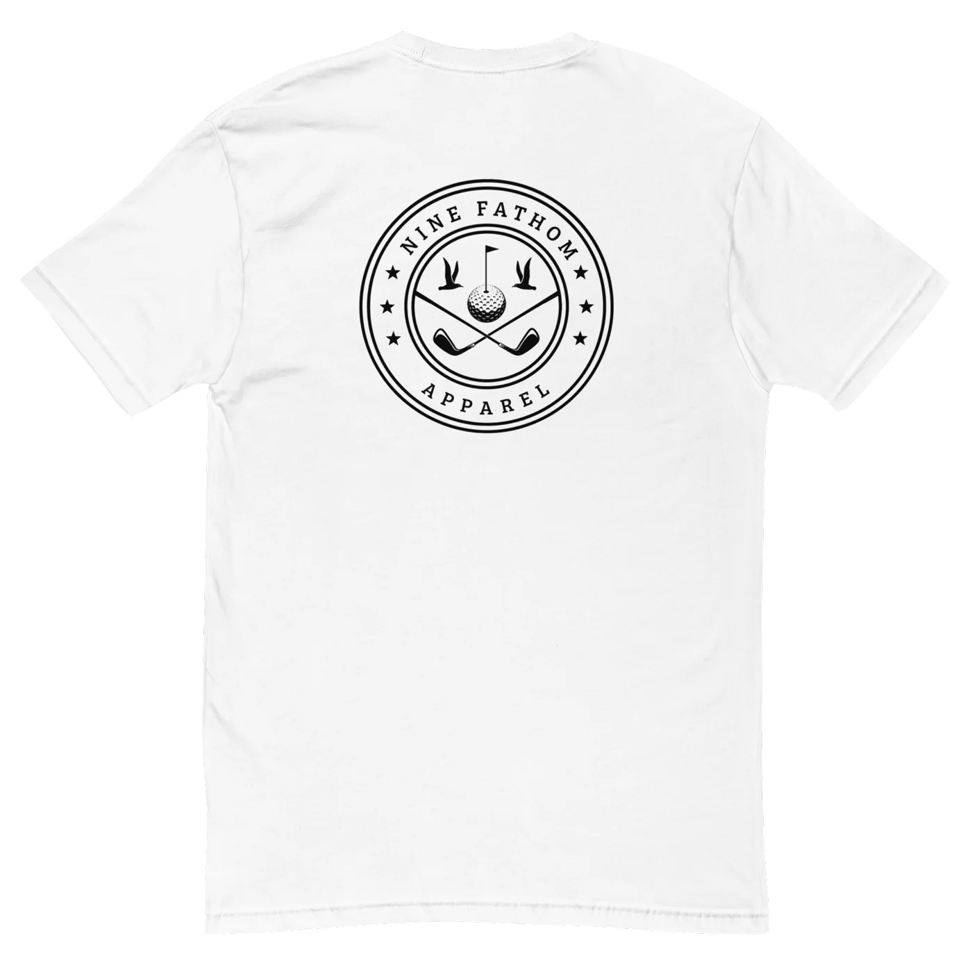 The Seabird Tee in white — the crest across the back